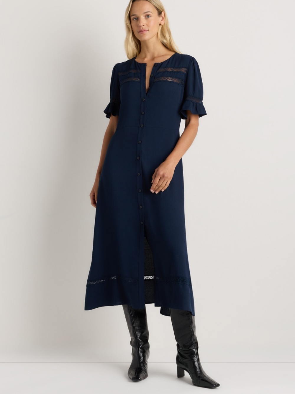 Quince M Lightweight Crepe Lace Inset Midi Dress
